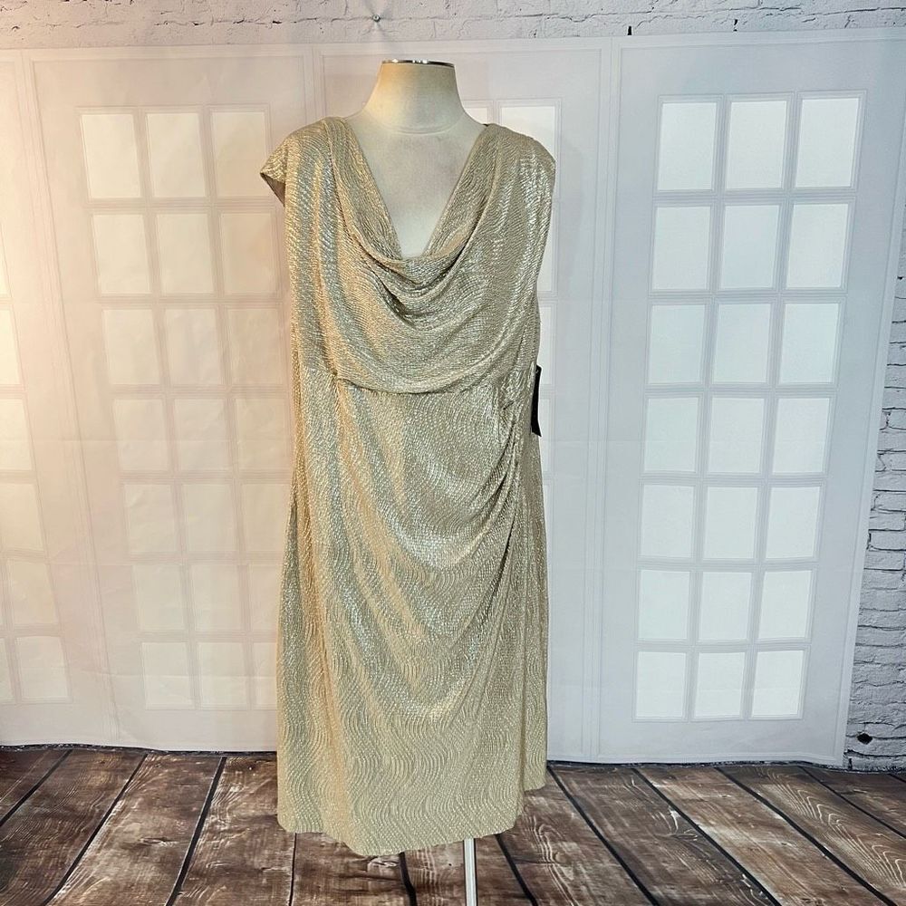 Lauren Ralph Lauren NWT gold crinkle metallic side tucked sheath dress